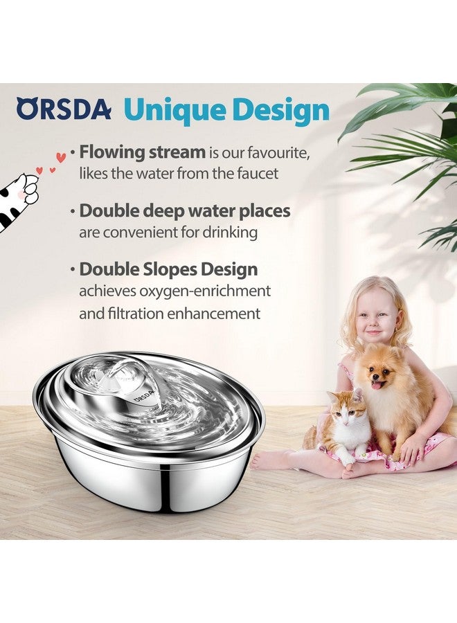 ORSDA Cat Water Fountain Stainless Steel, 2L Pet Fountain for Cats Inside, Dog Water Dispenser, Automatic Cat Drinking Fountains with 6 Replacement Filters for Cats, Small Dogs - Image 1