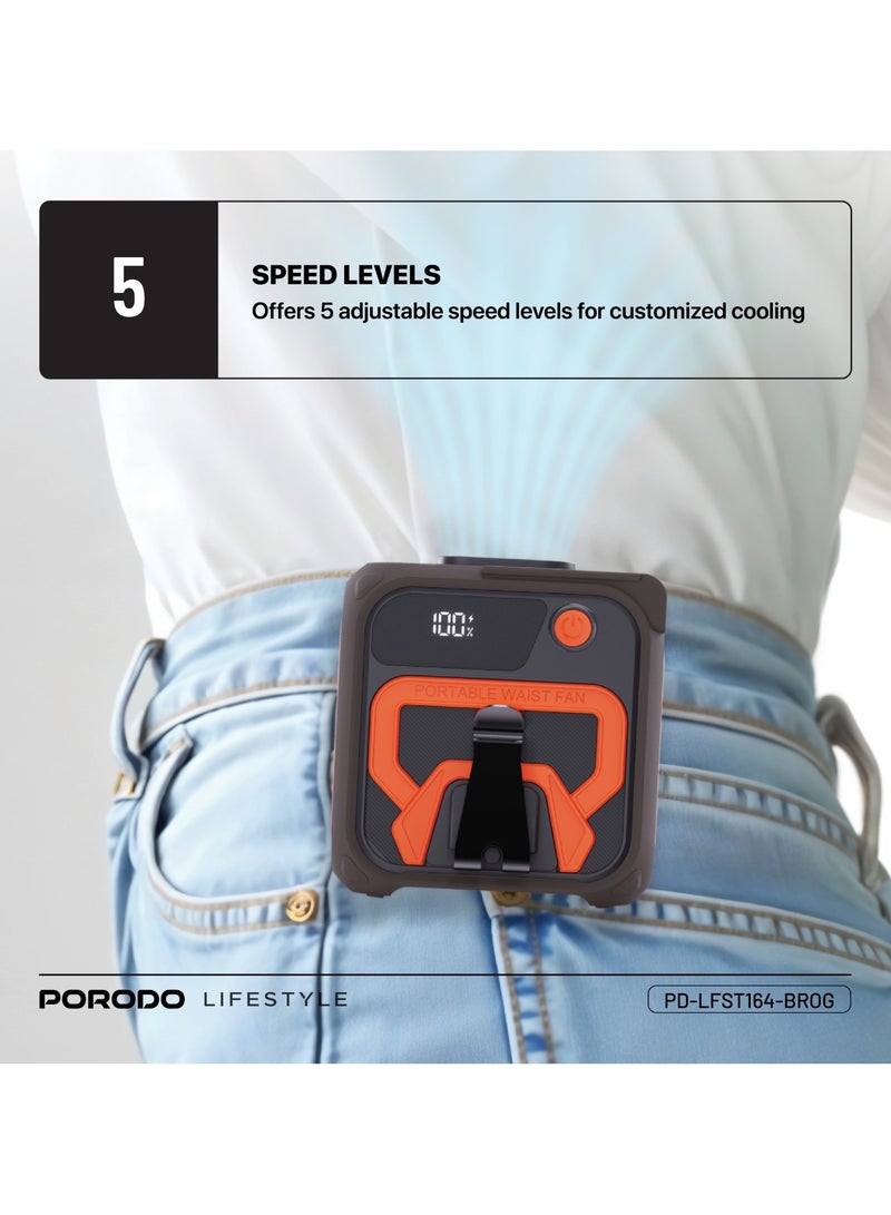 porodo Lifestyle Multifunction Cooling Waist Fan with 10000 mAh Power Bank and Flashlight / 10000mAh Powerbank / Portable Fan / Fan for Exercise / Powerful Wind / 5 Speed Level - Brown Orange - Image 4