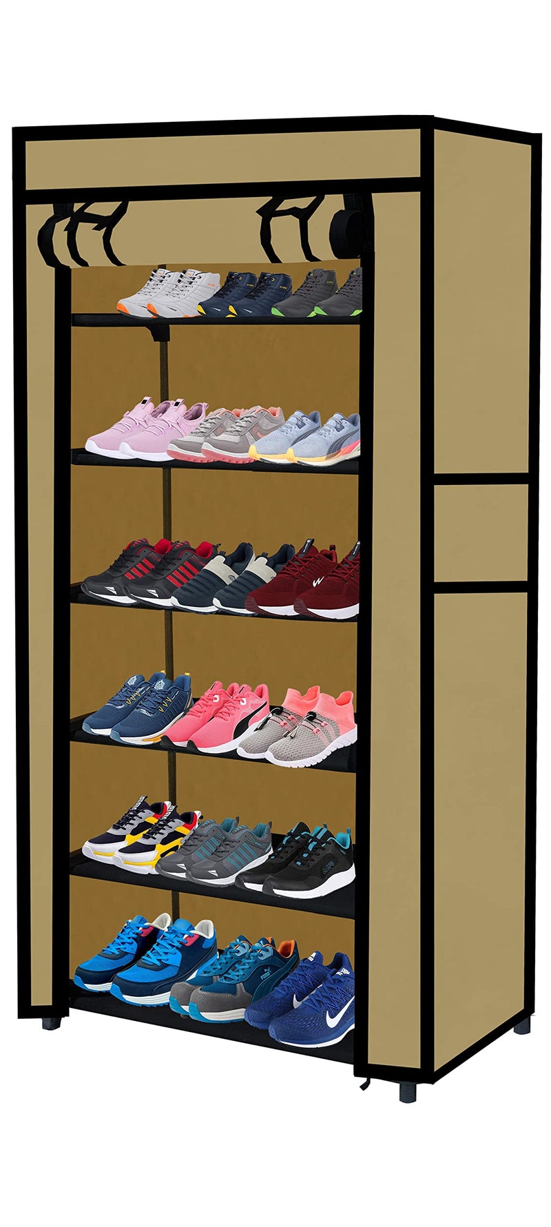 SANAMSTORE Multipurpose 6 Tier Rack Shoe/Clothes/Books Stand Rack with Cover for Home (Need to Be Assemble - DIY) -Beige - Image 1