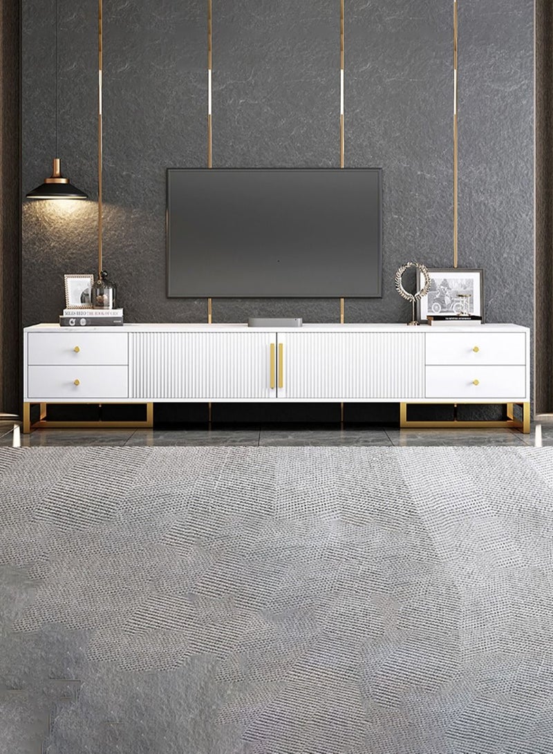 Merry Moments Modern TV Entertainment Unit Contemporary Style TV Stand  Luxury TV Unit TV Cabinet MDF Marble Top with Gold Finish White Colour W140xH40xL30 cm - Image 2
