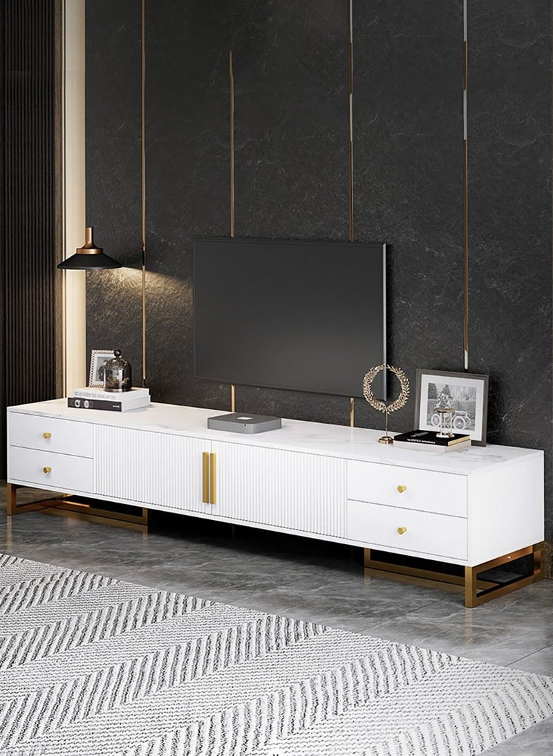 Merry Moments Modern TV Entertainment Unit Contemporary Style TV Stand  Luxury TV Unit TV Cabinet MDF Marble Top with Gold Finish White Colour W140xH40xL30 cm - Image 1