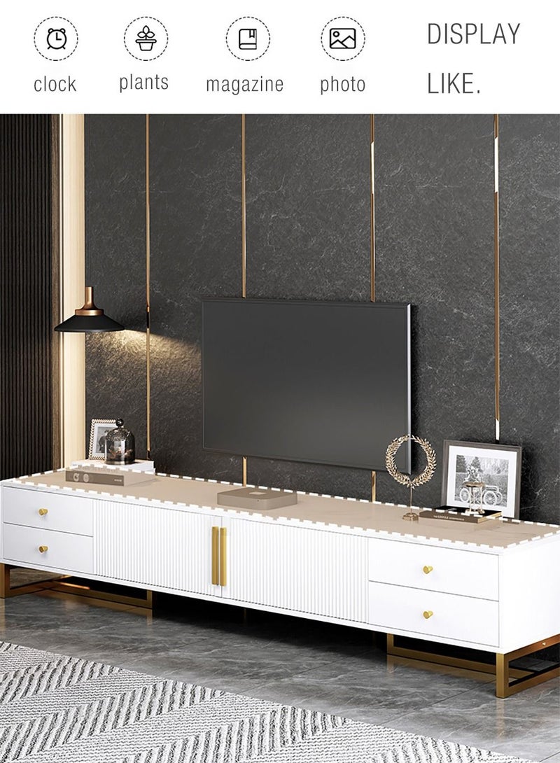 Merry Moments Modern TV Entertainment Unit Contemporary Style TV Stand  Luxury TV Unit TV Cabinet MDF Marble Top with Gold Finish White Colour W140xH40xL30 cm - Image 3
