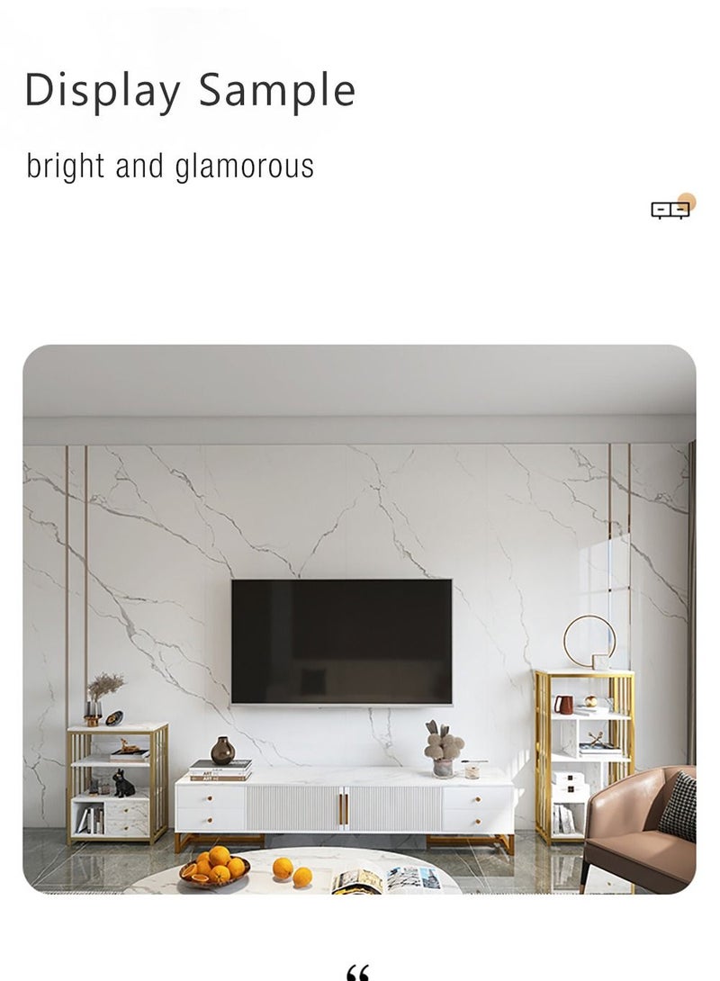 Merry Moments Modern TV Entertainment Unit Contemporary Style TV Stand  Luxury TV Unit TV Cabinet MDF Marble Top with Gold Finish White Colour W140xH40xL30 cm - Image 5