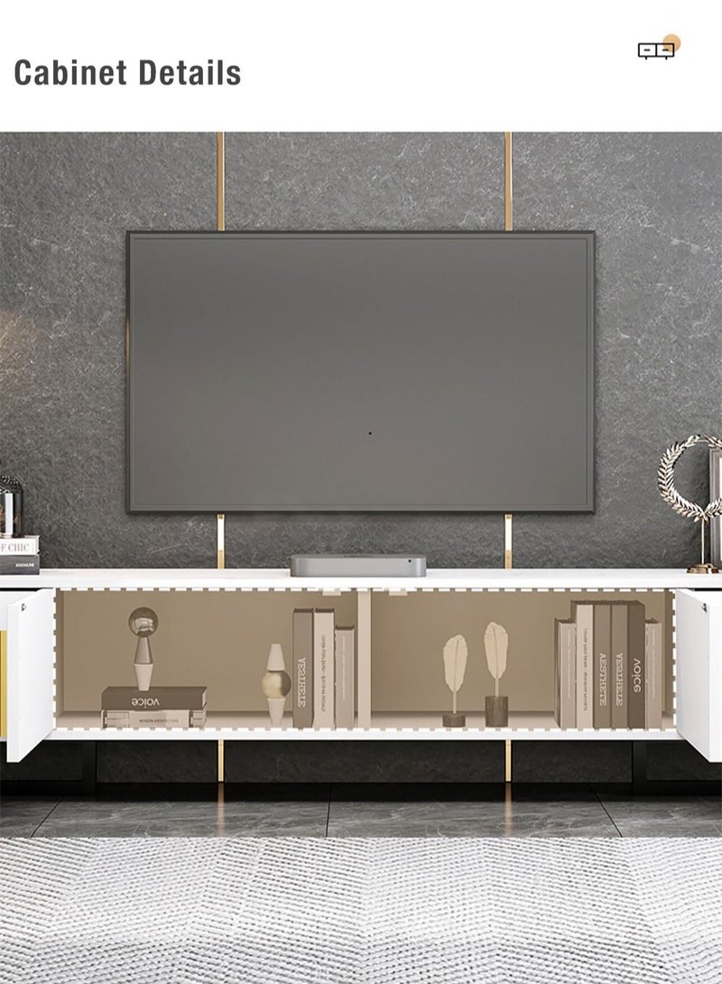 Merry Moments Modern TV Entertainment Unit Contemporary Style TV Stand  Luxury TV Unit TV Cabinet MDF Marble Top with Gold Finish White Colour W140xH40xL30 cm - Image 4
