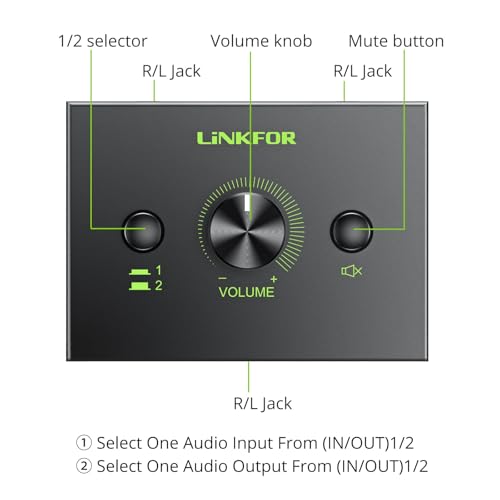 LiNKFOR 2 Ports 3.5mm Stereo Audio Selector Box with 3.5mm Audio Cable Support 1 in 2 Out / 2 in 1 Out, Mute Button Compatible with PC, CD Player, Laptop, Headphone, Plug & Play - Image 2