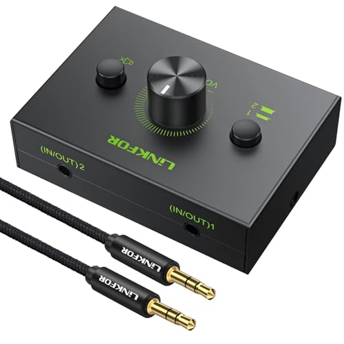 LiNKFOR 2 Ports 3.5mm Stereo Audio Selector Box with 3.5mm Audio Cable Support 1 in 2 Out / 2 in 1 Out, Mute Button Compatible with PC, CD Player, Laptop, Headphone, Plug & Play - Image 1