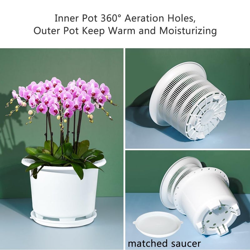 Meshpot 8 Inch Orchid Pots with Holes and Saucers,Double Layer Plastic Large Orchid Planter Pot,Flower Pots for Indoor Outdoor Flower Plants,Orchids,Herbs,Snake Plants and Succulents - Image 2