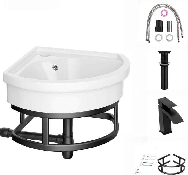 Lordear Corner Wall Mounted Bathroom Sink with Towel Rack – 11 4/5" x 11 4/5" Inch Triangular Wall Hung Porcelain Vessel Sink for Small Bathrooms One Hole Vanity Sink for Corner Installation - Image 1