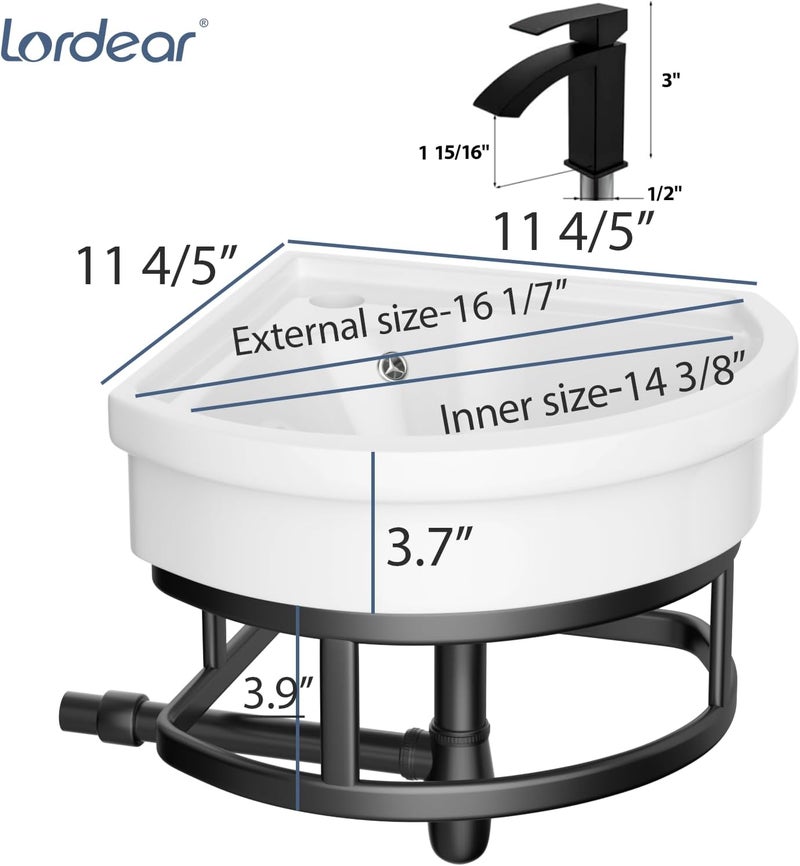 Lordear Corner Wall Mounted Bathroom Sink with Towel Rack – 11 4/5" x 11 4/5" Inch Triangular Wall Hung Porcelain Vessel Sink for Small Bathrooms One Hole Vanity Sink for Corner Installation - Image 5