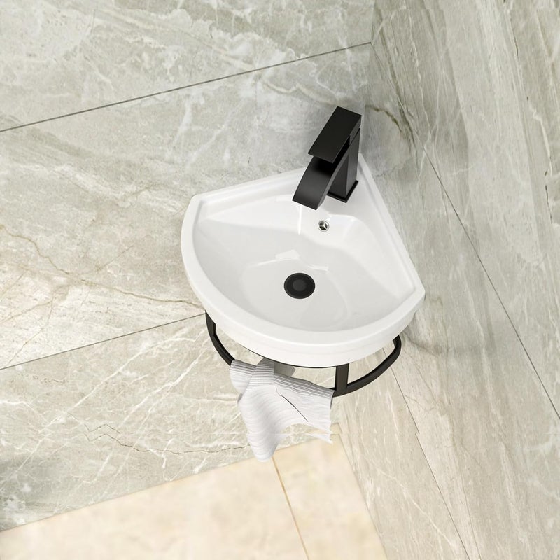 Lordear Corner Wall Mounted Bathroom Sink with Towel Rack – 11 4/5" x 11 4/5" Inch Triangular Wall Hung Porcelain Vessel Sink for Small Bathrooms One Hole Vanity Sink for Corner Installation - Image 2