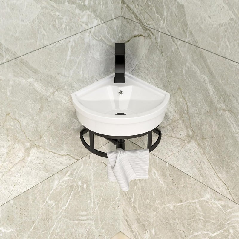 Lordear Corner Wall Mounted Bathroom Sink with Towel Rack – 11 4/5" x 11 4/5" Inch Triangular Wall Hung Porcelain Vessel Sink for Small Bathrooms One Hole Vanity Sink for Corner Installation - Image 3