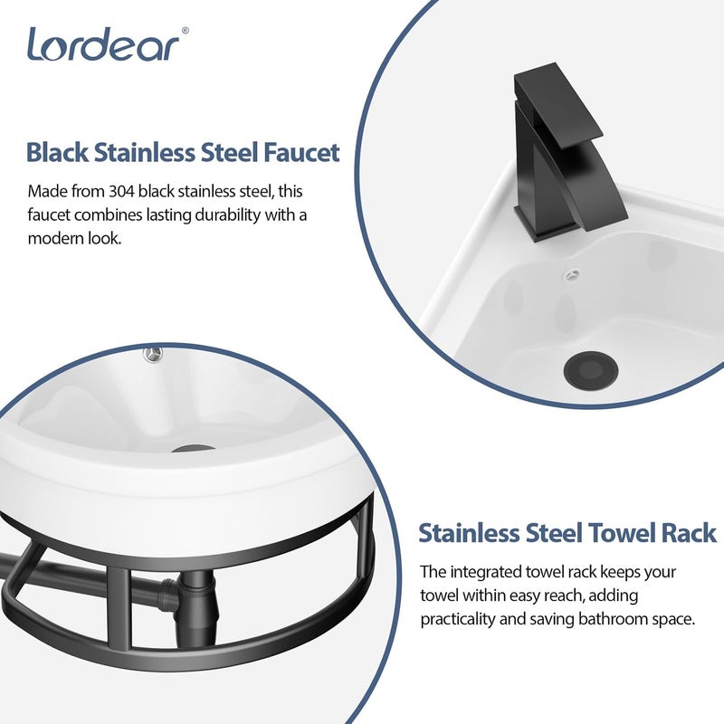Lordear Corner Wall Mounted Bathroom Sink with Towel Rack – 11 4/5" x 11 4/5" Inch Triangular Wall Hung Porcelain Vessel Sink for Small Bathrooms One Hole Vanity Sink for Corner Installation - Image 4