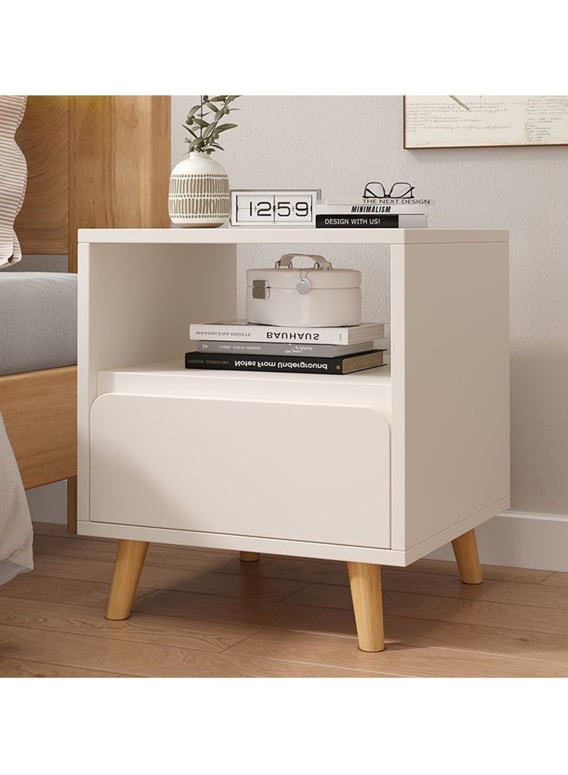 عربست طاولة جانبية للسرير بدرج واحد، خزانة جانبية للسرير، طاولة ليلية مع رف تخزين مفتوح، مكتب جانبي، خزانة ملابس لغرفة النوم، تصميم عصري بسيط، سهلة التركيب (أبيض دافئ) - Image 1