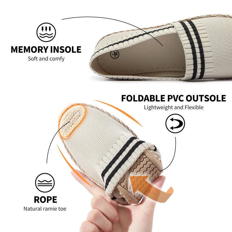BABUDOG Womens Espadrilles Breathable Flats Shoes Mesh Slip on Loafers Soft White Flats(Beige.US10) - Image 3