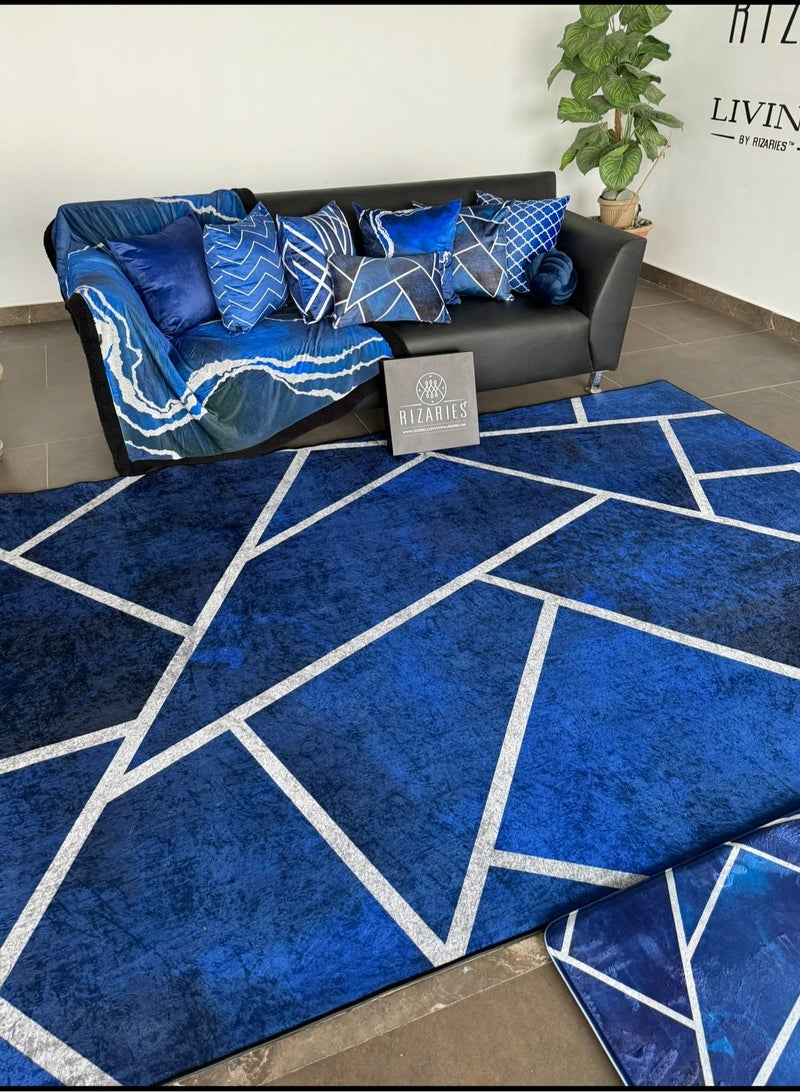 RIZARIES Navy Blue Silver Lines Centerpiece Rug, Fabric, Rectangle - Image 1