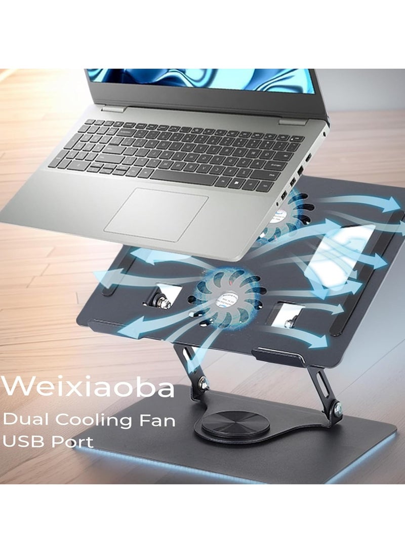 Raxoom Laptop Stand with Dual Cooling Fan, 360° Rotating Aluminium Alloy Steel Computer Riser Holder for Desk, Heat Dissipation with Anti-Slip Pads - Image 2