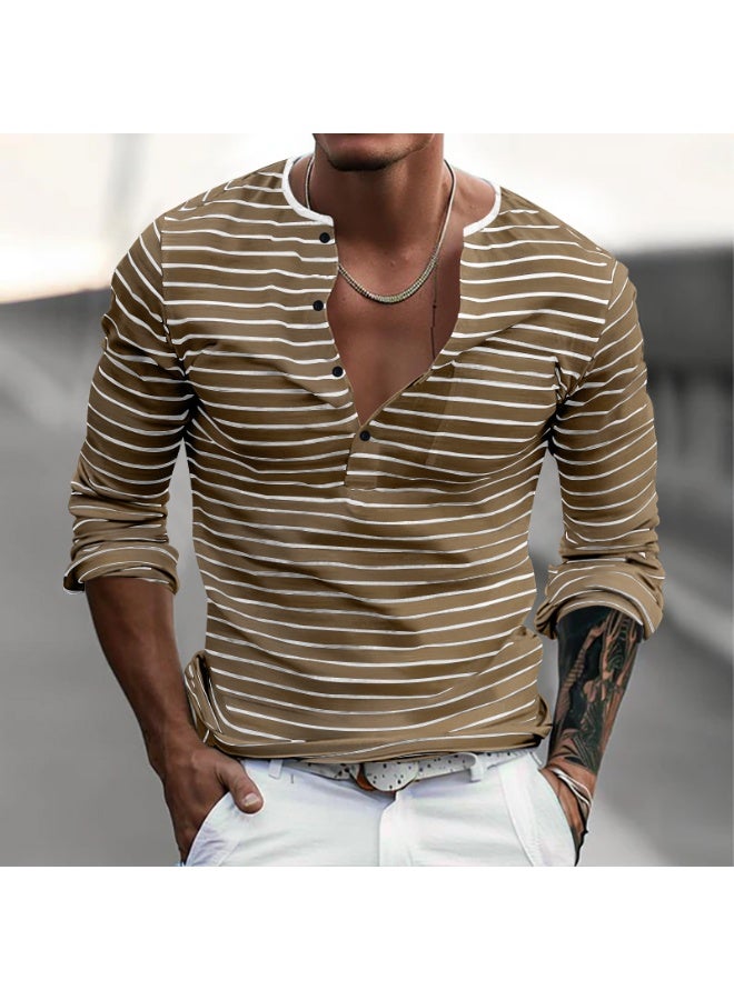 Men's Versatile Bottom Long Sleeve Casual Horizontal Striped Henry T-Shirt - Image 1