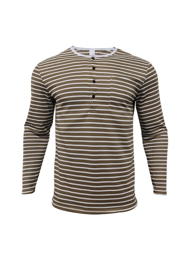 Men's Versatile Bottom Long Sleeve Casual Horizontal Striped Henry T-Shirt - Image 2