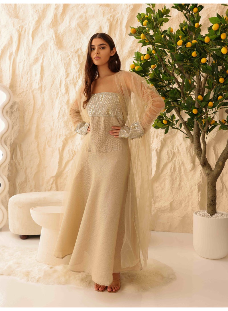 اكسا طقم أنيق قطعتين بأكمام شفافة مزينة بالترتر بيج - Image 2