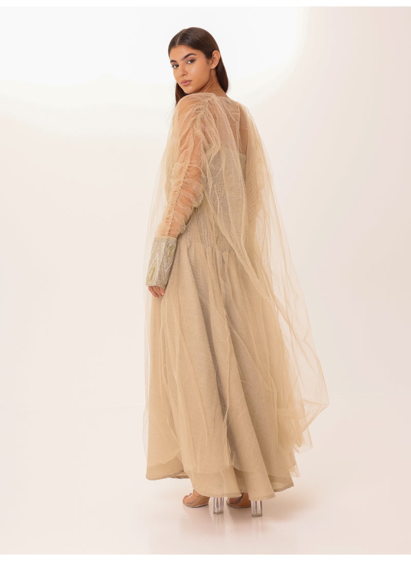 اكسا طقم أنيق قطعتين بأكمام شفافة مزينة بالترتر بيج - Image 4