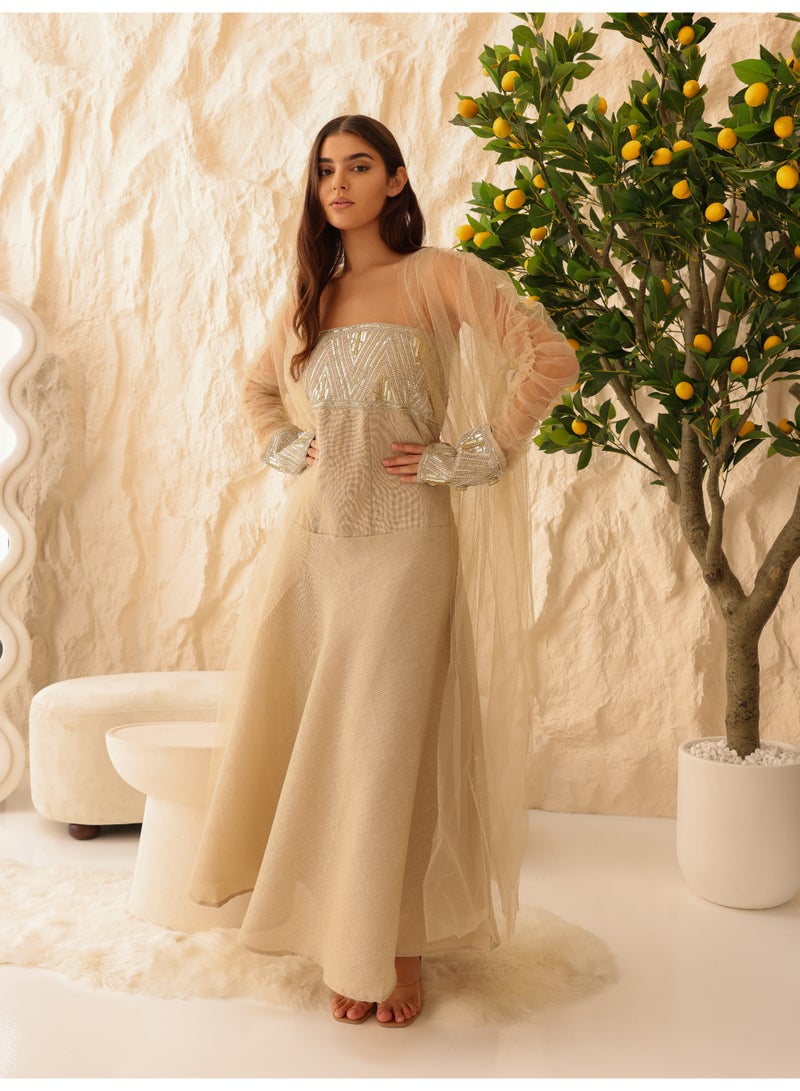 اكسا طقم أنيق قطعتين بأكمام شفافة مزينة بالترتر بيج - Image 1