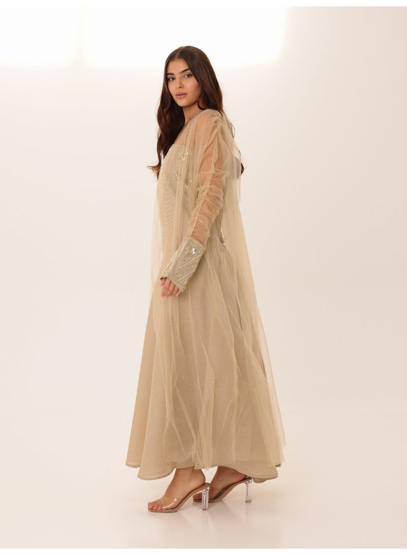 اكسا طقم أنيق قطعتين بأكمام شفافة مزينة بالترتر بيج - Image 3