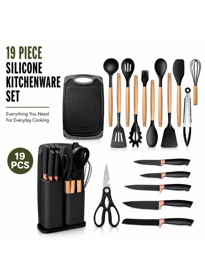 19-Piece Premium Kitchen Utensils Set with Silicone Cooking Tools, Stainless Steel Knife Set, Kitchen Scissors, Cutting Board & Dual Storage Holders, Heat-Resistant Wooden Handles, BPA-Free, Non-Stick Cookware Safe, Black - Image 1
