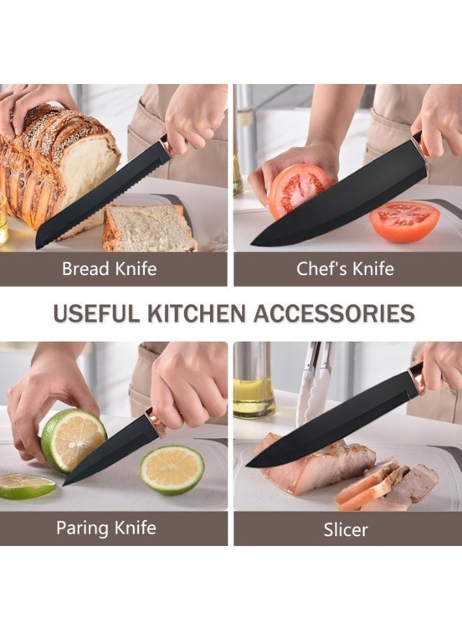 19-Piece Premium Kitchen Utensils Set with Silicone Cooking Tools, Stainless Steel Knife Set, Kitchen Scissors, Cutting Board & Dual Storage Holders, Heat-Resistant Wooden Handles, BPA-Free, Non-Stick Cookware Safe, Black - Image 4