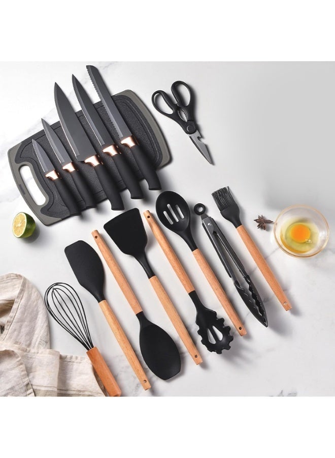 19-Piece Premium Kitchen Utensils Set with Silicone Cooking Tools, Stainless Steel Knife Set, Kitchen Scissors, Cutting Board & Dual Storage Holders, Heat-Resistant Wooden Handles, BPA-Free, Non-Stick Cookware Safe, Black - Image 3