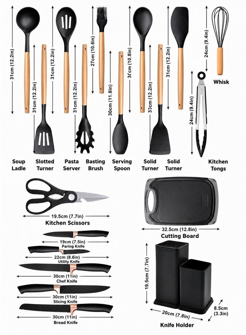 19-Piece Premium Kitchen Utensils Set with Silicone Cooking Tools, Stainless Steel Knife Set, Kitchen Scissors, Cutting Board & Dual Storage Holders, Heat-Resistant Wooden Handles, BPA-Free, Non-Stick Cookware Safe, Black - Image 2