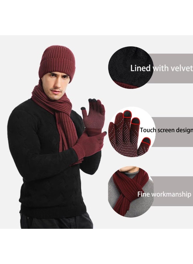 بمعنى سحر بمعنى حديقة 3 قطع قبعة شتوية وشاح قفازات مجموعة قبعة التزلج شاشة تعمل باللمس قفازات دعوى النساء الرجال قبعات متطابقة الشتاء الدافئة الصوف مبطن قبعة وشاح قفازات مجموعة للرياضة في الهواء الطلق السفر، النبيذ الأحمر - Image 3