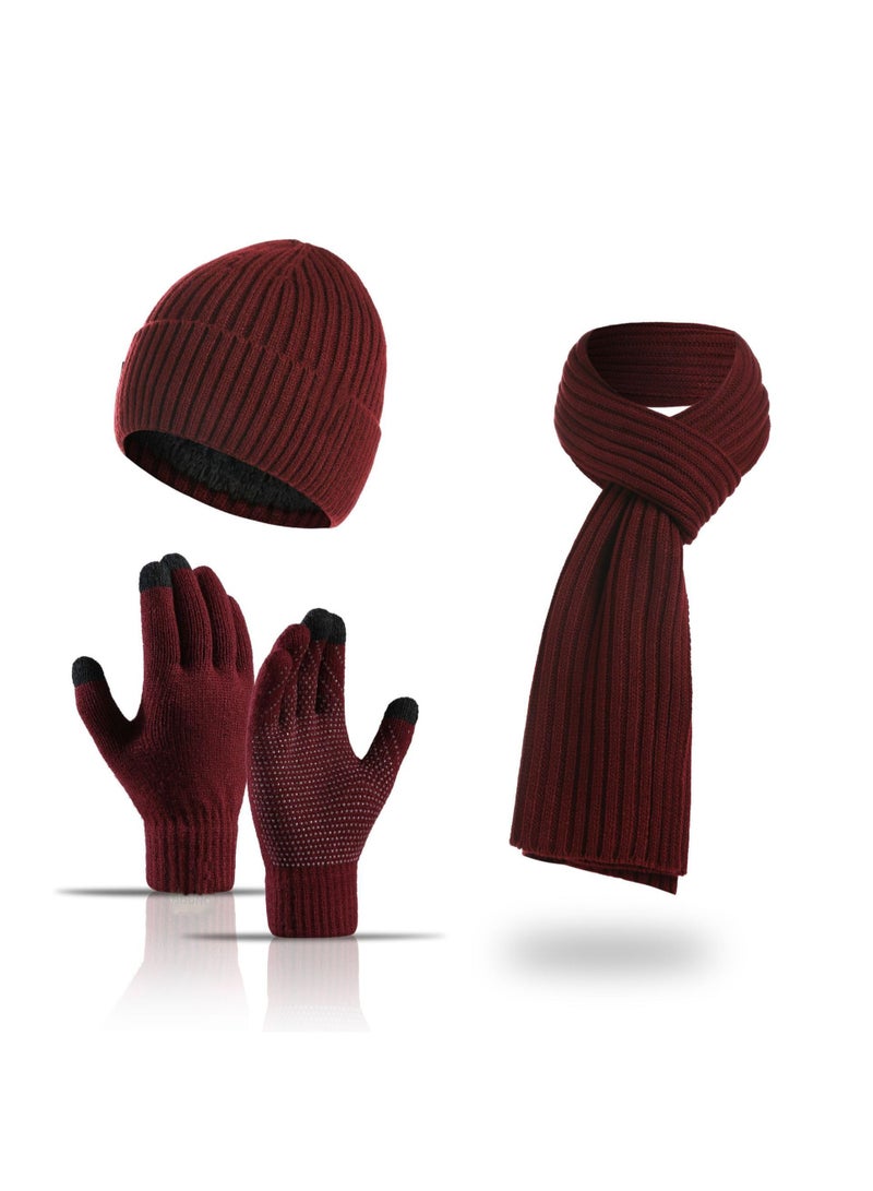 بمعنى سحر بمعنى حديقة 3 قطع قبعة شتوية وشاح قفازات مجموعة قبعة التزلج شاشة تعمل باللمس قفازات دعوى النساء الرجال قبعات متطابقة الشتاء الدافئة الصوف مبطن قبعة وشاح قفازات مجموعة للرياضة في الهواء الطلق السفر، النبيذ الأحمر - Image 1