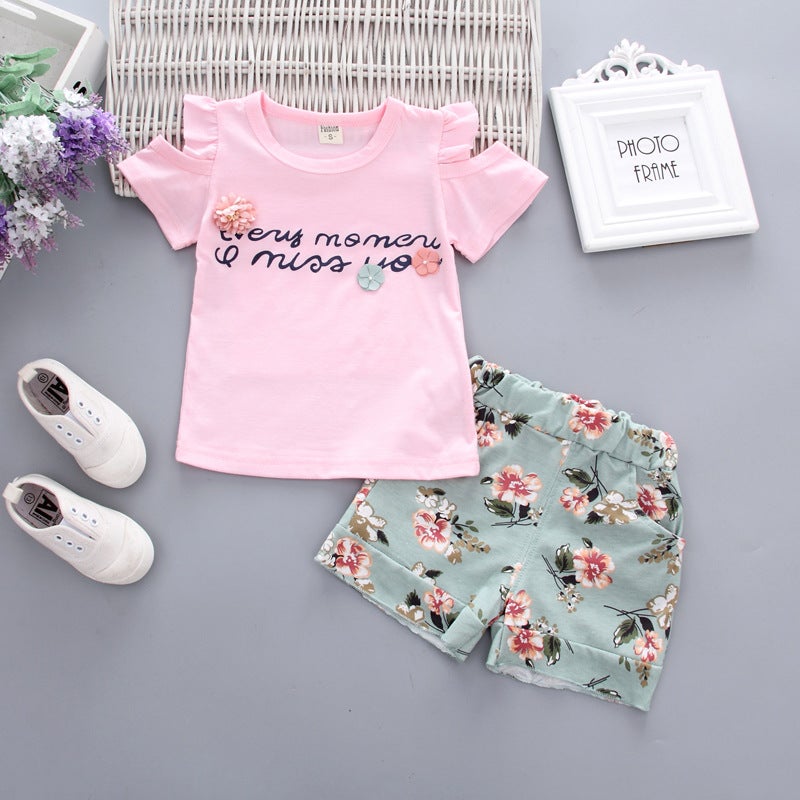 Summer Trendy Childrens New Short-sleeved Girls Breathable English Round Neck Short-sleeved Casual Shorts Childrens Suit Trendy Hair Pink Short Sleeve 