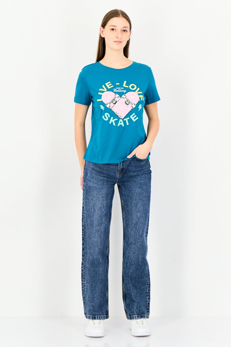 ONLY Women Crew Neck Short Sleeve Graphic Print T-Shirt, Blue - Image 4