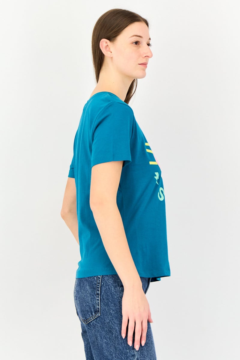 ONLY Women Crew Neck Short Sleeve Graphic Print T-Shirt, Blue - Image 2