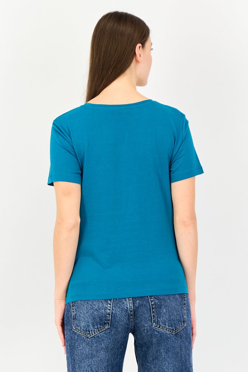 ONLY Women Crew Neck Short Sleeve Graphic Print T-Shirt, Blue - Image 3