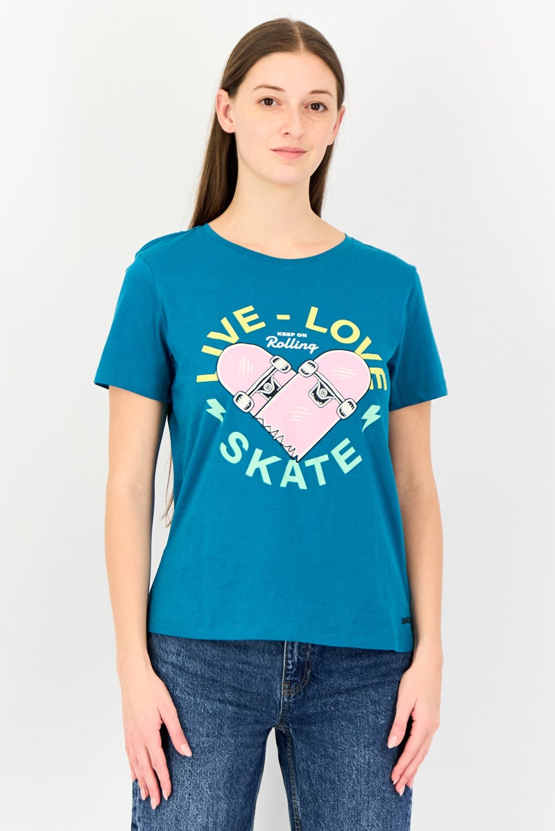 ONLY Women Crew Neck Short Sleeve Graphic Print T-Shirt, Blue - Image 1