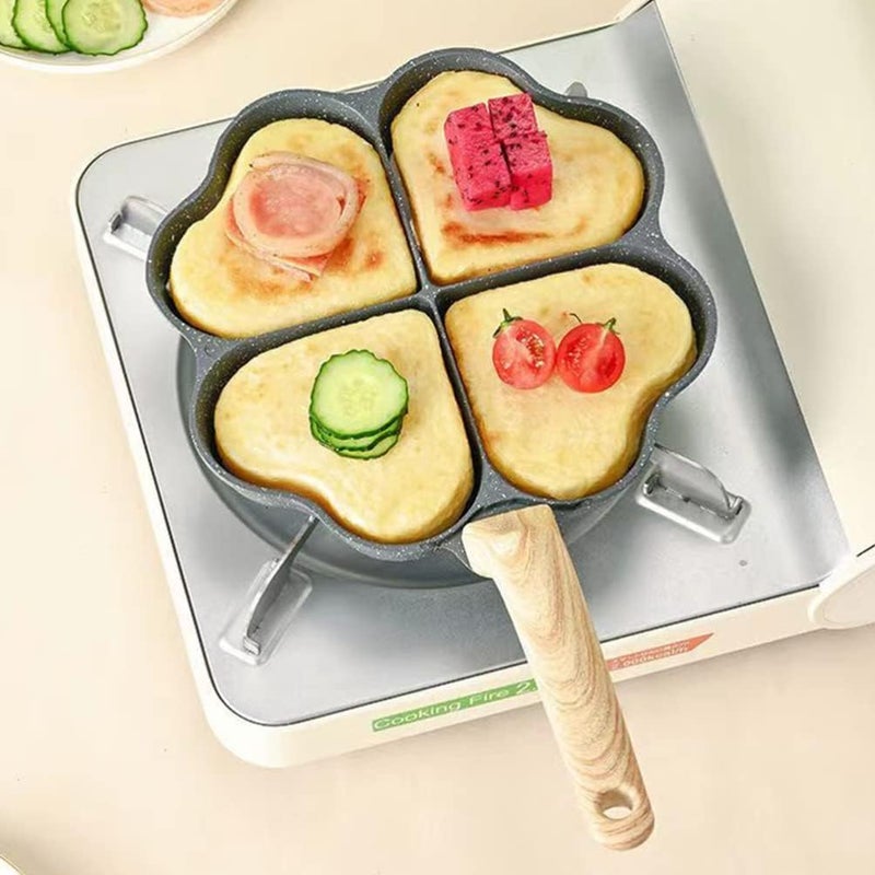 DR Mall Egg Frying Pan 4 Cup Heart Shape Aluminum Omelet Pan Fried Egg Pan Skillet with Wooden Handle Pancake Pan Non Stick Egg Cooker Pan for Breakfast Pancake Uttapam Tawa - Image 3