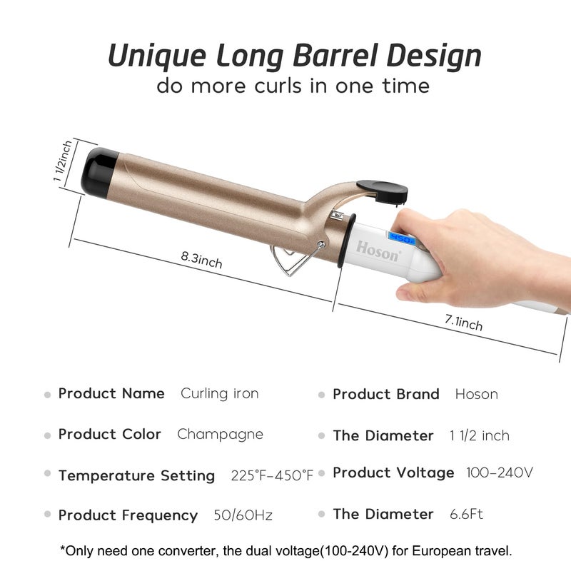 Hoson 1 1/2 Inch Curling Iron Large Barrel, 1.5 Inch Long Barrel Curling Wand Dual Voltage, Ceramic Tourmaline Coating with LCD Display, Glove Include - Image 5