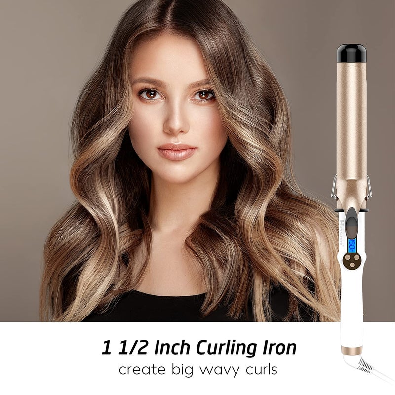 Hoson 1 1/2 Inch Curling Iron Large Barrel, 1.5 Inch Long Barrel Curling Wand Dual Voltage, Ceramic Tourmaline Coating with LCD Display, Glove Include - Image 2
