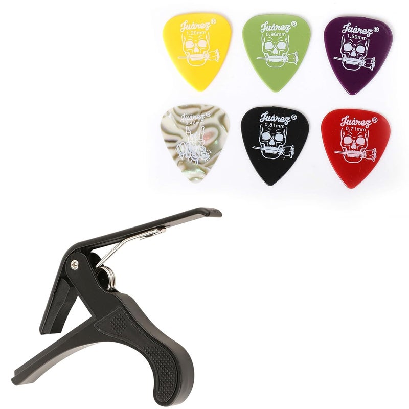 Juarez Juârez One Handed Trigger Guitar Metal Capo Quick Change Combo with Guitar Plectrums Pick Set of Various Thickness, 6 Pieces (Celluloid + ABS), Colours Random - Image 1