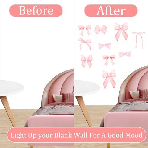 loghohu 8Sheets 56Pcs Wall Decals for Girls Bedroom Bow Wallpaper Pink Bow Wall Stickers Light Pink Bow Knot Wall Decals Room Mural Stickers for Nursery Girls Party Home Bedroom TV Background Decor - Image 4