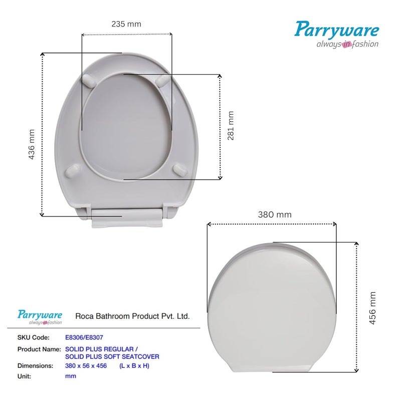 Parryware Solid Plus Soft Close Toilet Seat Cover with Hinges | Eco-friendly Material with Superior Finish | Round Shape & White Colour | Seat Covers for Western Commode | Bathroom Fixtures (E83071C) - Image 5