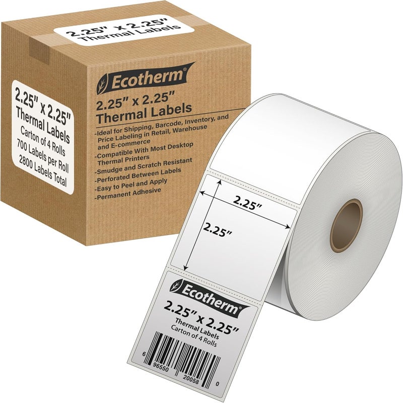 Ecotherm 2.25" x 2.25" Thermal Labels | 4 Rolls | 2800 Labels | fits Zebra, Munbyn, Rollo, Godex, Arkscan, iDPRT, Offnova Thermal Label Printers and More | Blank White Adhesive Stickers by - Image 1