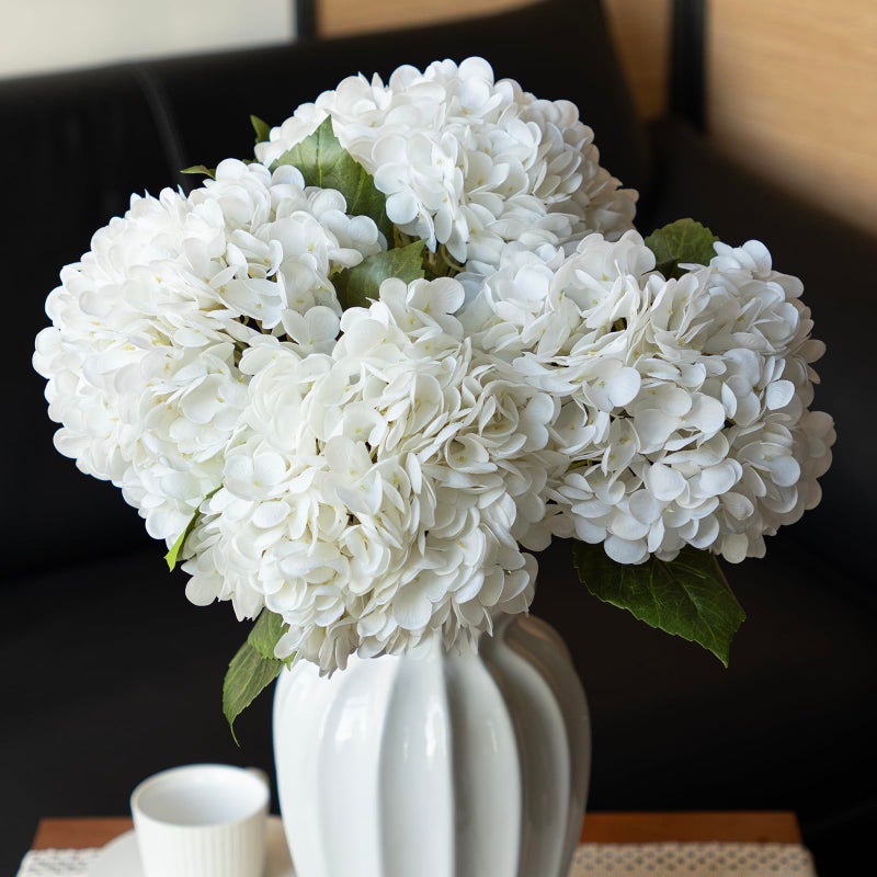 DUYONE 4PCS Artificial Flowers Large Hydrangeas Flowers Latex Bouquet for Wedding Bridal Office Home Party Decoration (4Pcs White) - Image 1
