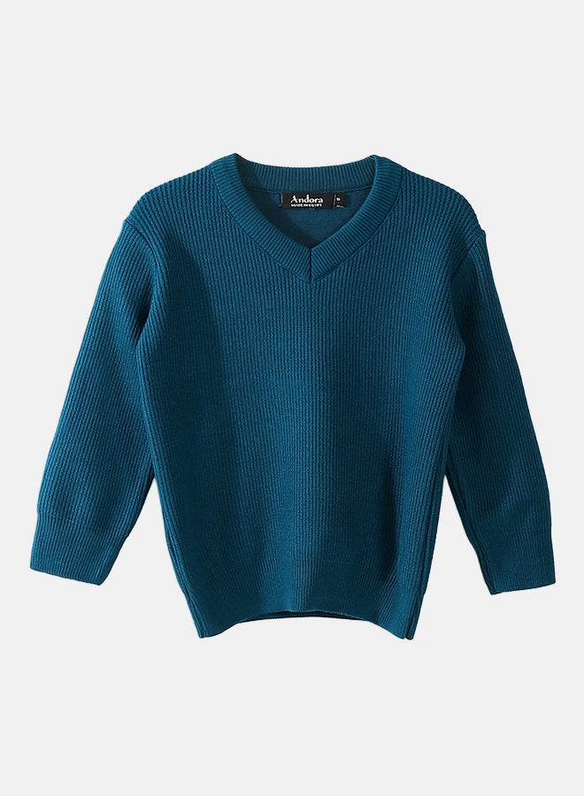 Andora V-Neck Knitted Plain Blue Pullover_Blue - Image 3