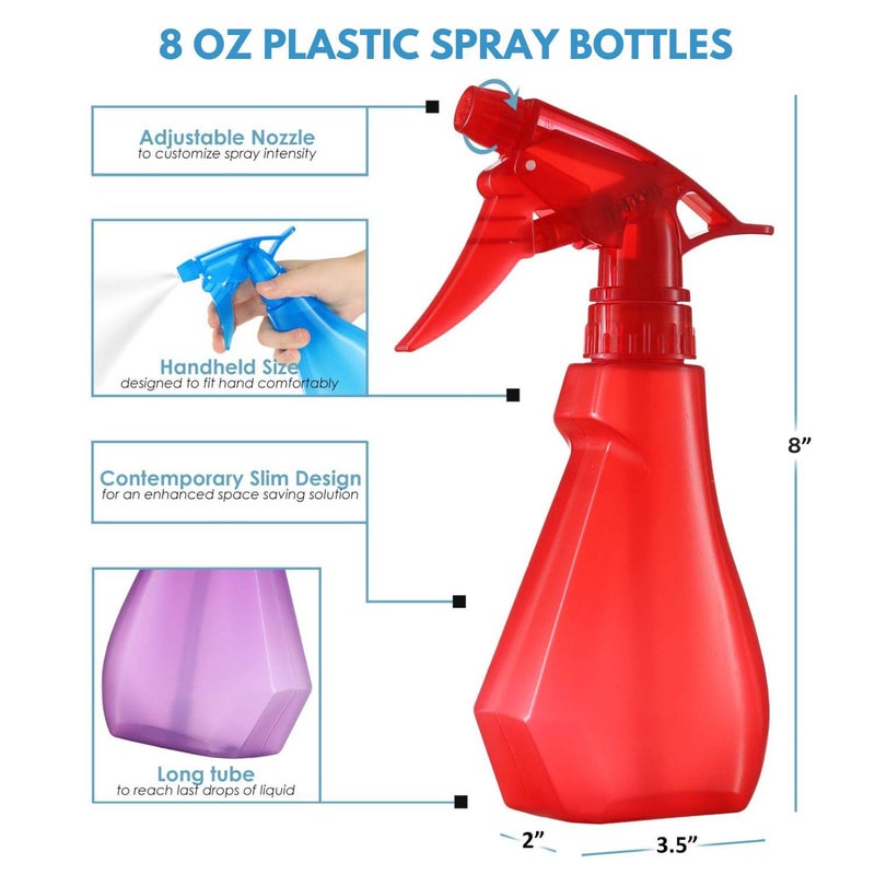 DilaBee (4-Pack, 8oz Plastic Empty Spray Bottles for Cleaning Solutions, Plants, Cooking, BBQ. Small Spray Bottle for Hair, Plant Mister, Mini Squirt Bottle for Cat - Food-Grade BPA-Free - Multicolor - Image 2