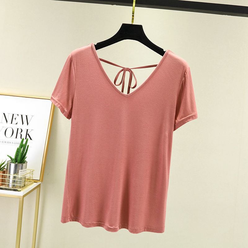 Summer new modal V-neck short-sleeved bottoming shirt fashionable solid color top Korean style back hollow lace-up beauty back T-shirt Lotus root starch 