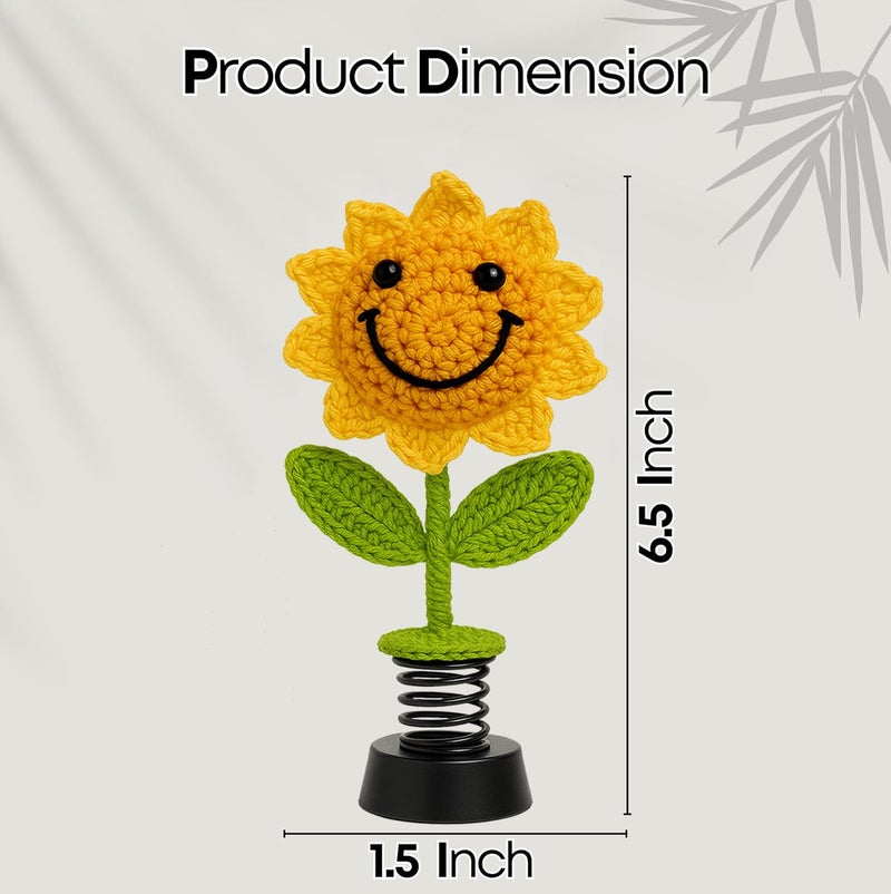 SYCAMORE EAST Handmade Crochet Sunflower Car Dashboard Decorations Gifts for Women, Cute Sun Flower Hippie Car Bobblehead Dashboard Decor, Smiley Face Mini Sunflower Spring Desk Decorations 1 PCS - Image 3