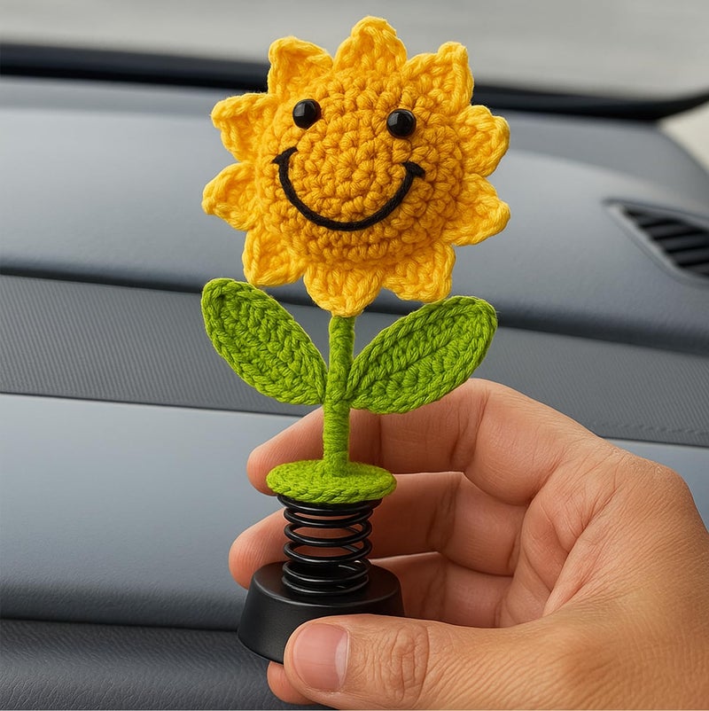 SYCAMORE EAST Handmade Crochet Sunflower Car Dashboard Decorations Gifts for Women, Cute Sun Flower Hippie Car Bobblehead Dashboard Decor, Smiley Face Mini Sunflower Spring Desk Decorations 1 PCS - Image 2